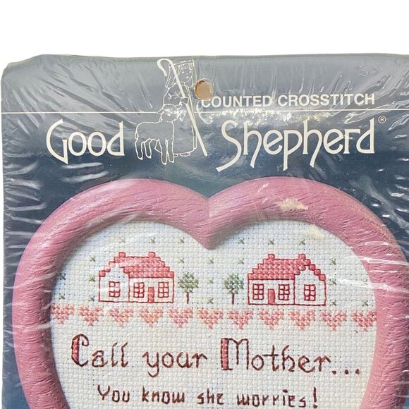 Good Shepherd Counted Cross Stitch Kit OOP Heart Frame Call Your Mother 5"x5.5" - Picture 3 of 6